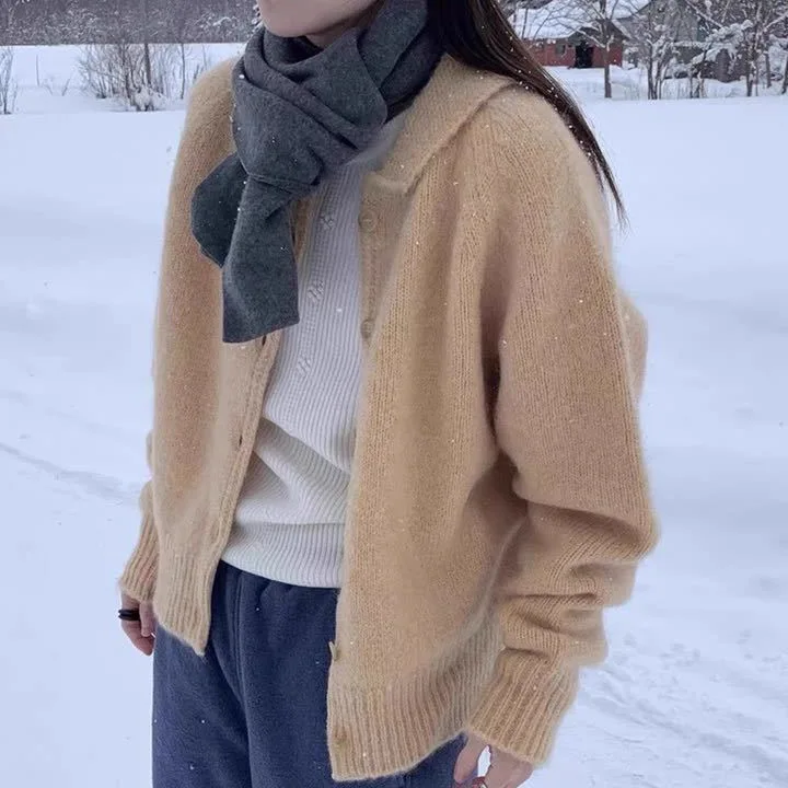 

Women Knitted Cardigan Sweaters Solid Jumpers Turn Down Collar Long Sleeves Single Breasted Loose Fit Casual 2025 Autumn Winter