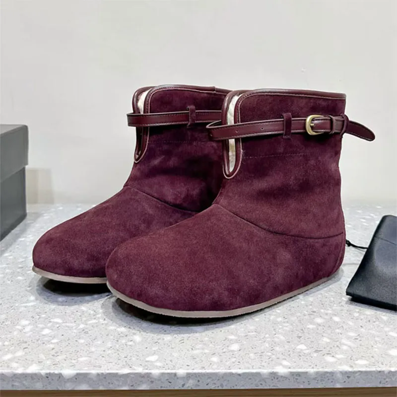 

Hot Sales Short Boots Women Suede Leather Round Toe Buckle Strap Ankle Boots Flat Shoes Woman Wool Warm Winter Snow Boots Woman