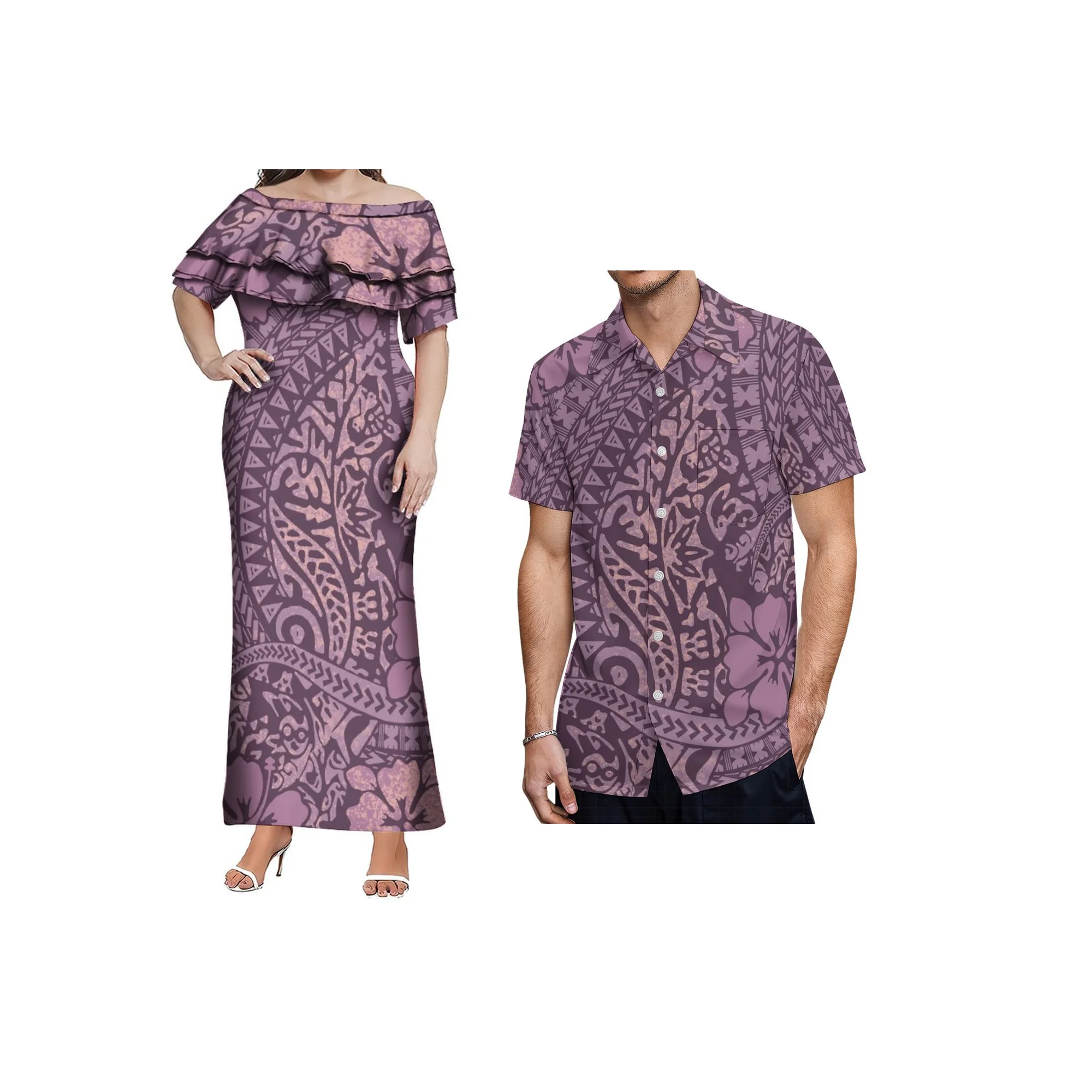 Personalizado plus size novo vestido polinésio senhoras dupla camada folho fora do ombro vestido samoan impressão design vestido de festa