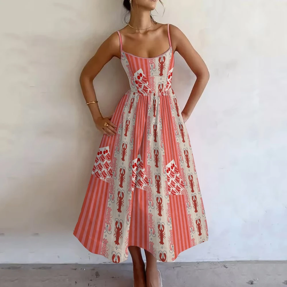 

2024 New Lobster Pattern Suspender Skirt Women's Fashion Striped Splicing Beach Skirt Tight Backless Sexy A-Shaped Skirt