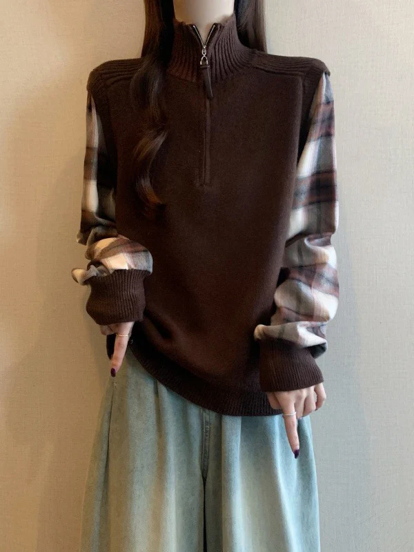 

High Collar Patchwork Half Zipper Shoulder Sweater Women's Early Spring New plus Size Beautiful Rayde Top Commute Style Loose...