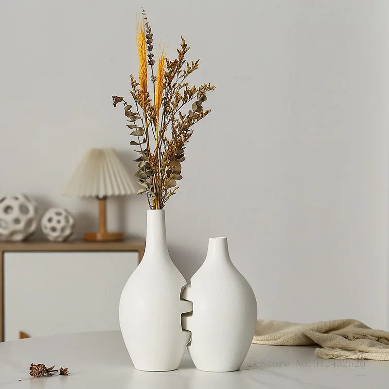 European Creative Combination Shape Frosted White Ceramic Vase , Household Living Room Office Dining Room Desktop Art Decor, 1Pc