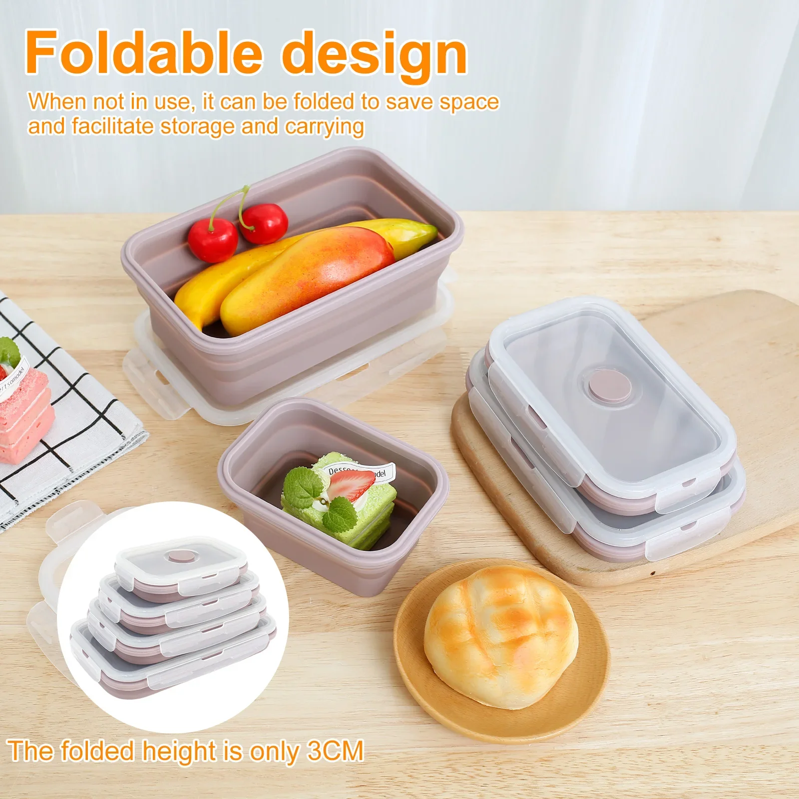 4Pcs Silicone bento lunch box Collapsible Food Storage Container  Prep Container Microwave Safe Food Box for kids