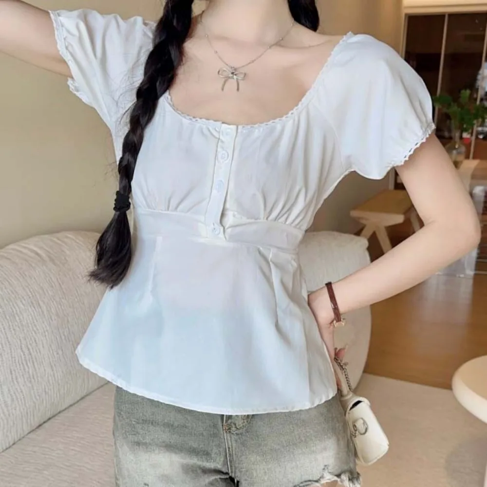 

Short Sleeved Female Low-necked Tops Shirt Commuting Bottoming Shirt Low-necked White Short T-shirts Korean Ins Style