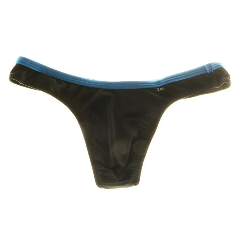 See Through Front Ice Silk Thong for Men Contrast Blue Waistband Low Waist Sexy Male T-string Panties Gays Erotic Daily G-string
