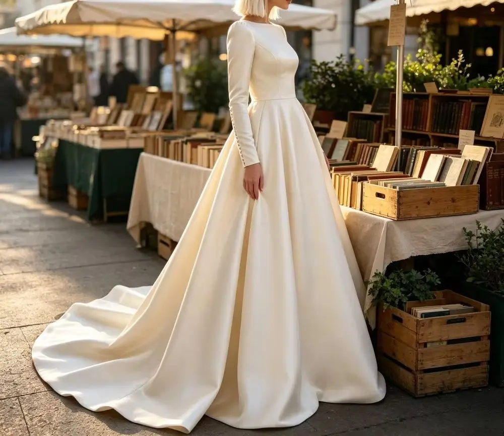 Customized Long Sleeved Satin A-line Wedding Dress with Button Decoration 2026 Elegant Boat Neck Backless Ruffled Bridal Gown