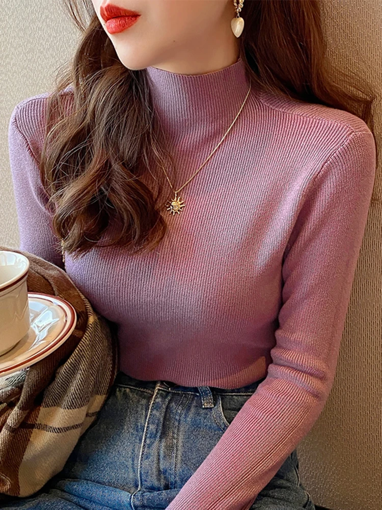 2024 Autumn Women Pullover Sweater Fashion Half Turtleneck Knitted Female Jumper Long Sleeve Winter Black Soft Elastic Blouse