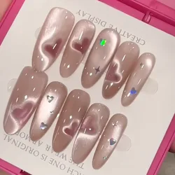 Handmade Self-adhesive Press Nails Love Heart Cat Eyes Nail Tips Sweet Cute False Nails Long Press on Nails with Box and Tools