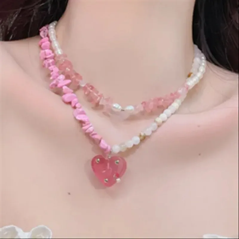 

2025 New Arrival Bohemian Style Baroque Freshwater Pearl Necklace Pink Glass Love Pendant Stacked Necklaces Clavicle Chain