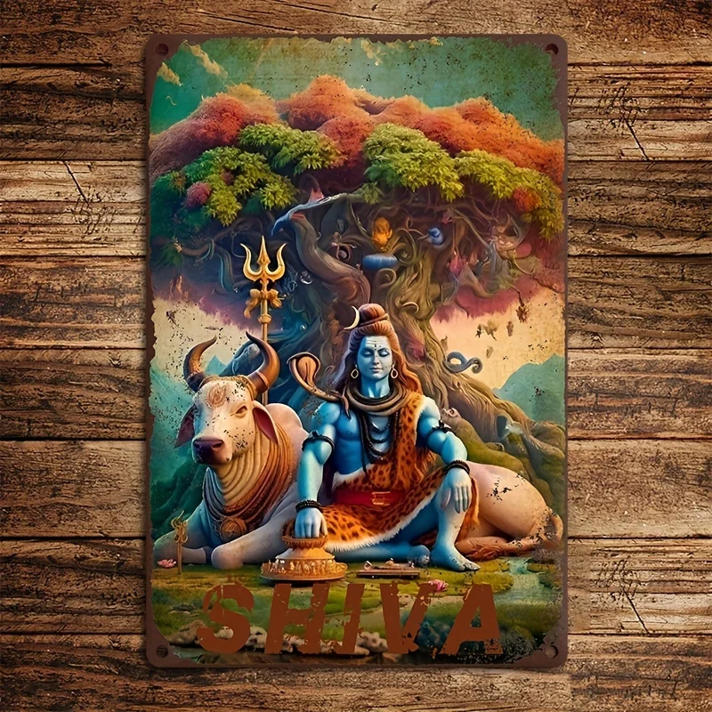 Retro Bohemian Style Aluminum Wall Decor, Meditation Scene of Mythical Shiva and Nadi Bull, Home and Office Decoration, 2D Flat