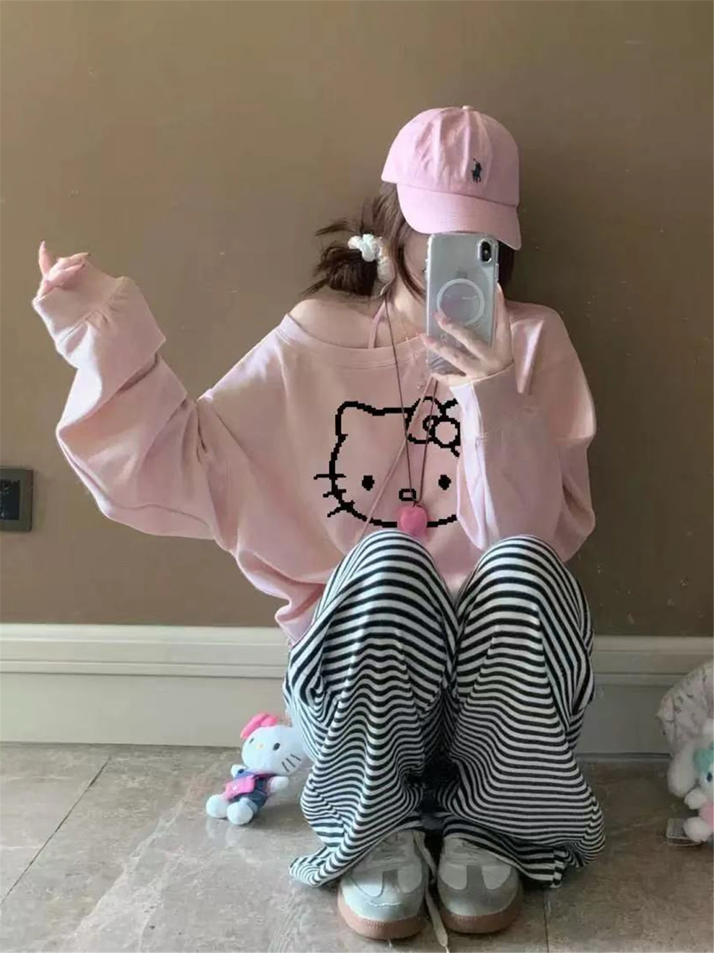 سترة بقلنسوة كاجوال مطبوعة برسوم كارتونية من American Sle HelloKit للسيدات للخريف والشتاء، النسخة الكورية اللطيفة #2