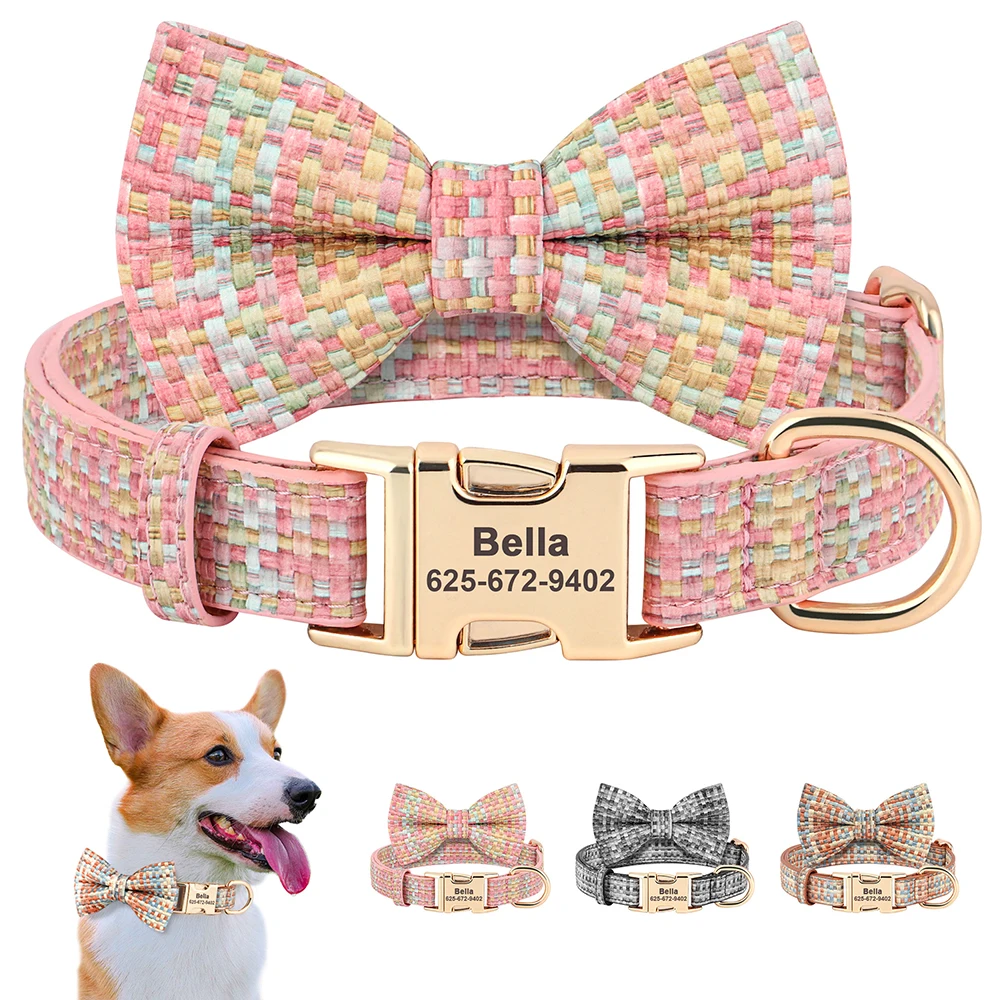 Personalized Dog Collar PU Leather Dogs Collar Cute bowknot Pet Necklace Durable For Small Medium Large Dogs Pug Pet Accessories