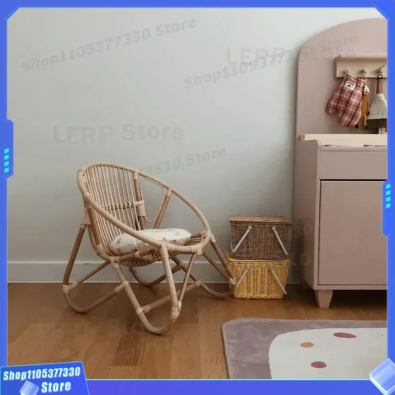Rattan Balcony Chair with Backrest Small Stool for Kids Room Decoration Leisure Bed and Breakfast Wind Baby Furniture Piece