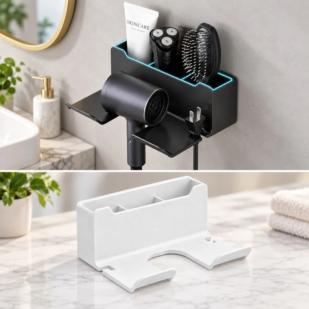 1Pc New Punch-Free Hair Dryer Storage Rack Wall Mounted White Black Grey Hair Dryer Bracket Plastic Hair Dryer Stand Bathroom