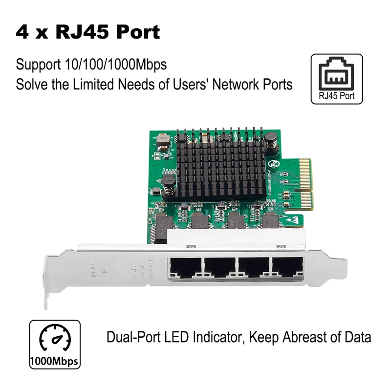 Quad Port Gigabit Ethernet Card – RTL8111, 4 RJ45 1GbE, PCI Express, Plug & Play for Windows/Linux, Low Profile & Full Height