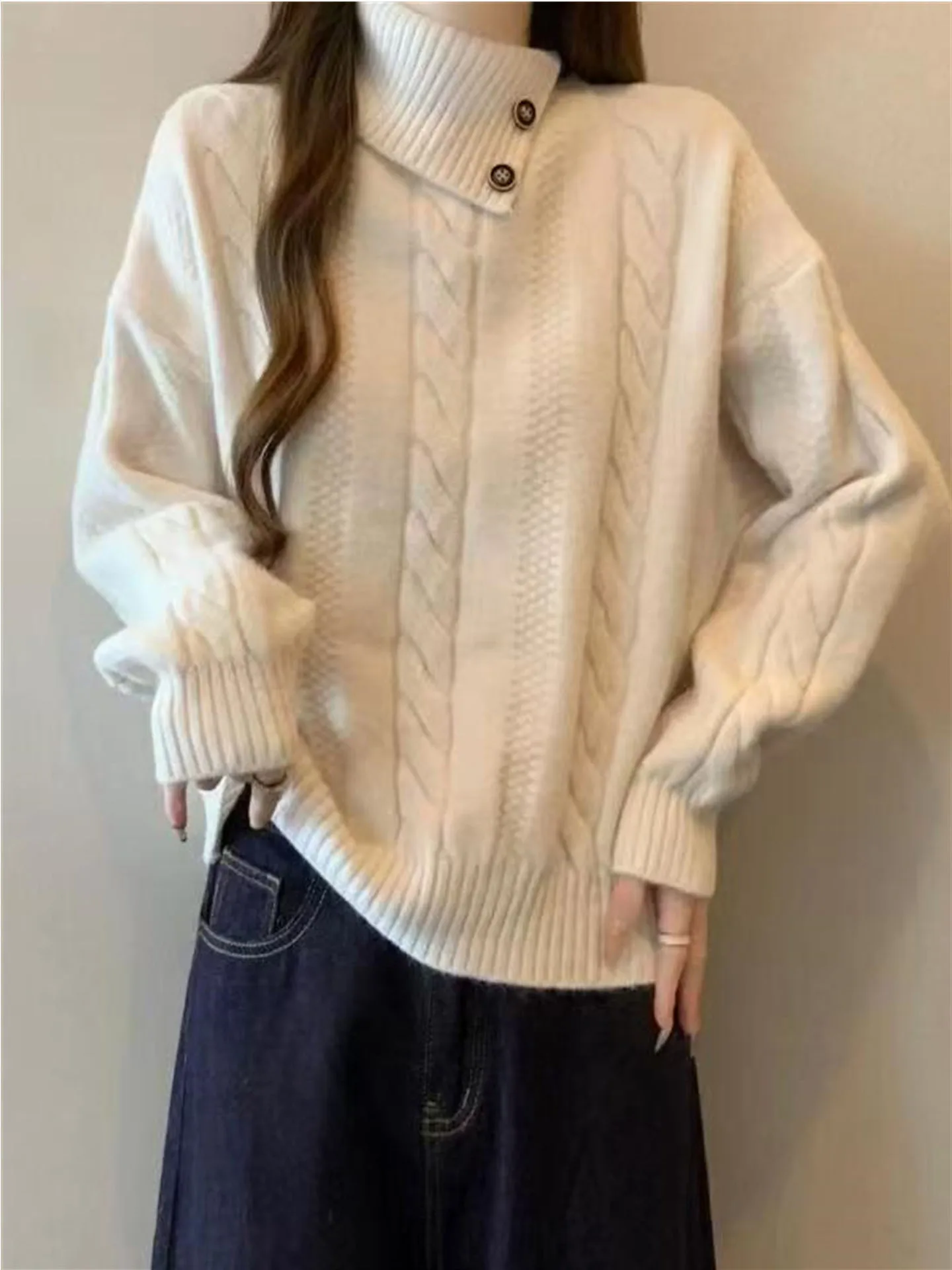 

High-End Feel High Ne Knitwear Women's Autumn Winter Large Size MM Irregular Collar Twisted Sweater Korean Sle Loose Fit