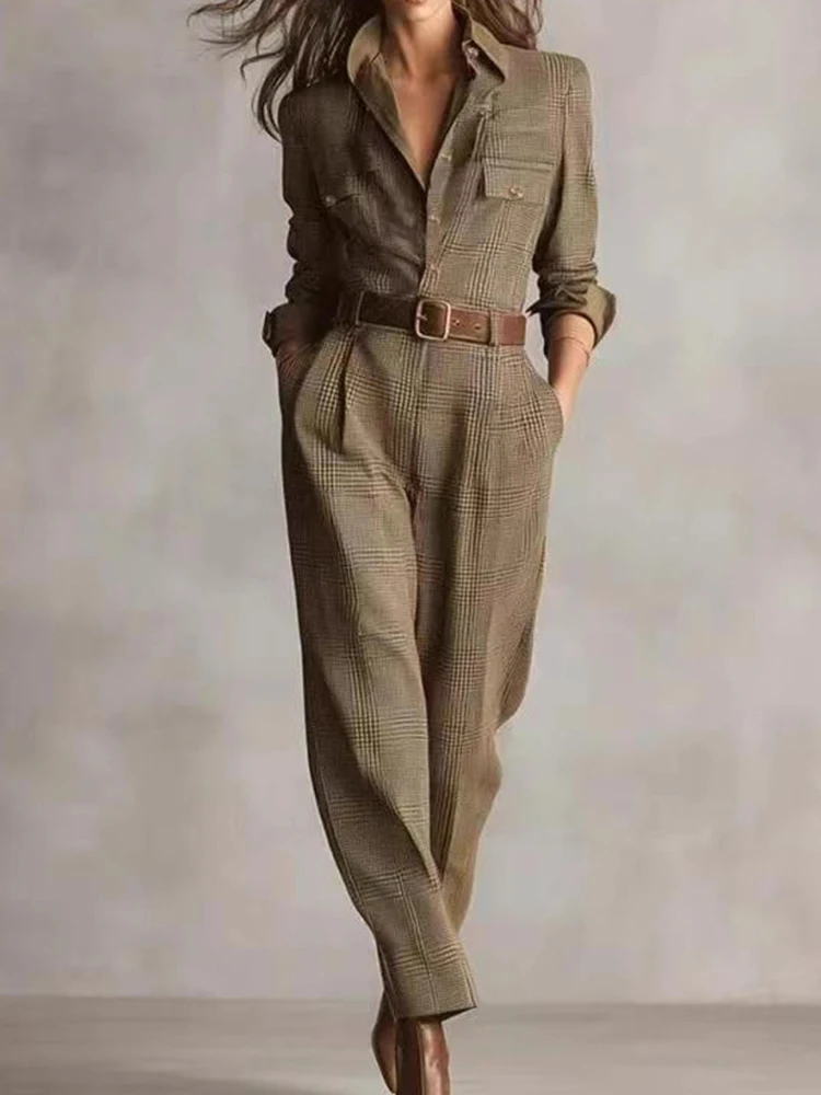 

Vintage Lapel Grid Printed Jumpsuits Casual High Waist Long Sleeve Party Playsuits Elegant Lady Single Breasted Pocket Rompers