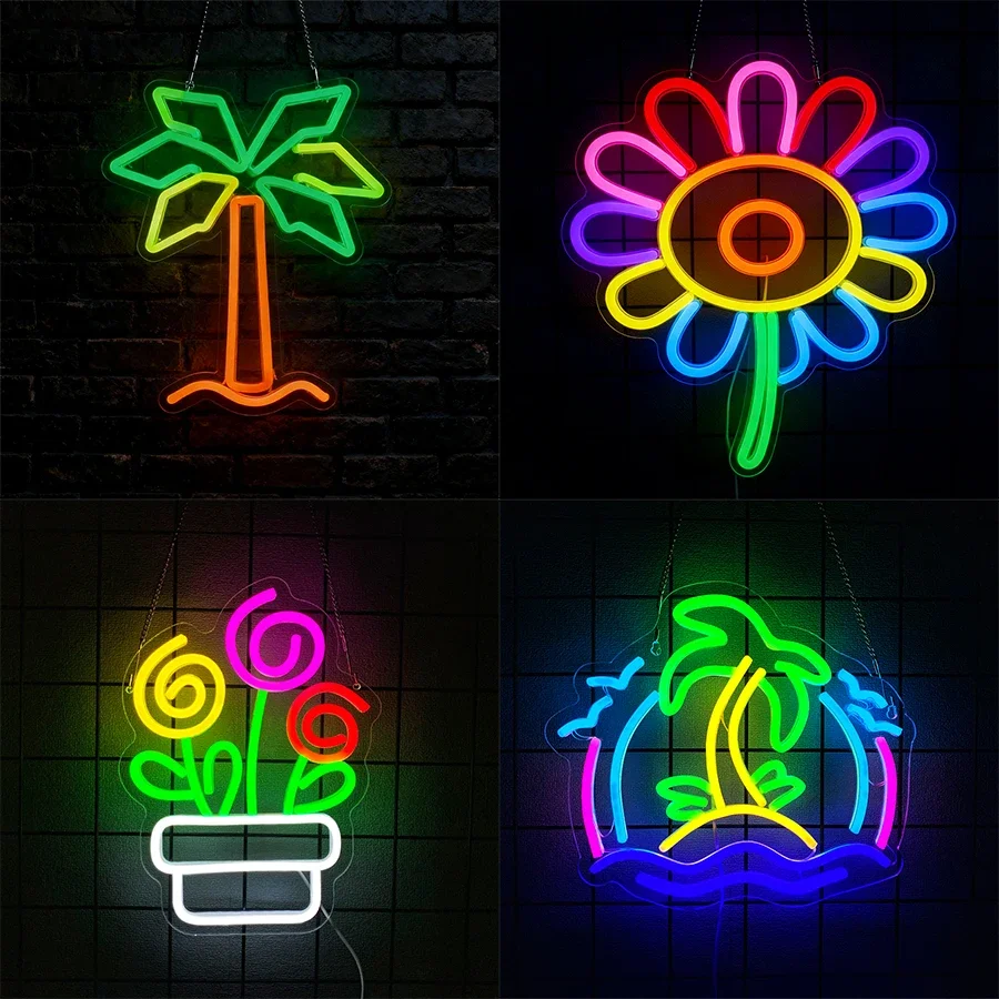 

Художественный декор для входа на крыльце дома, подарки для вечеринок, значки цветов и кокосовой пальмы, подходит для сада, светящиеся светодиодные неоновые вывески.