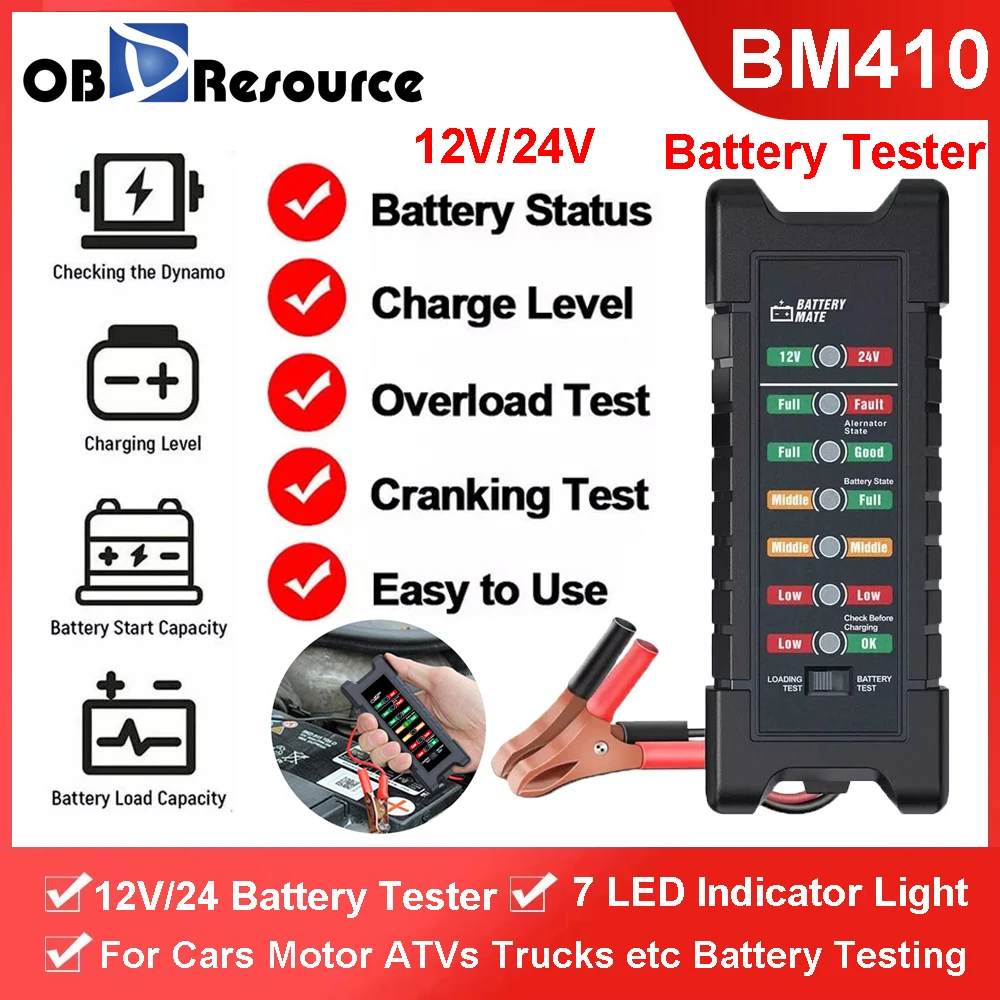 OBDResource 12V 24V Car Battery Tester BM410 Digital Battery Starting Charge Tester 7 LED Light Display Car Diagnostic Tool