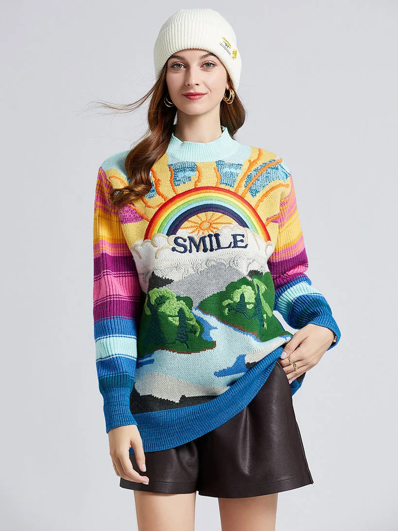 Oversized Sweater Women 2024 Fashion Rainbow Striped Embroidered Letters Knitted Pullovers Loose Casual Streetwear Tops C-119