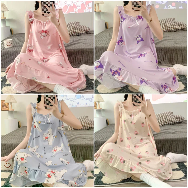 Sanrios Cinnamoroll Kuromi My Melody Anime Cartoon Cute Women Summer Home Clothing Dress Student Girl Pajama Skirt Nightgown