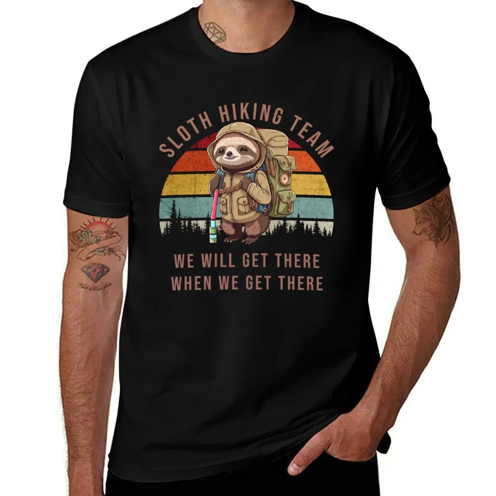 

Sloth Hiking Team - We will get there, when we get there, Funny Vintage T-Shirt No Iron Casual Short Sleeve Top