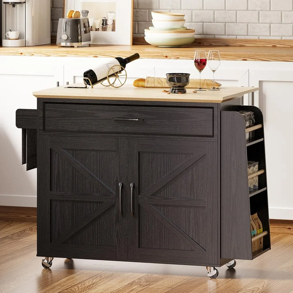 Rolling Kitchen Island Table with Drop Leaf, Mobile Kitchen Cart with on Wheels, Storage Cabinet, Drawer, Spice Towel Rac