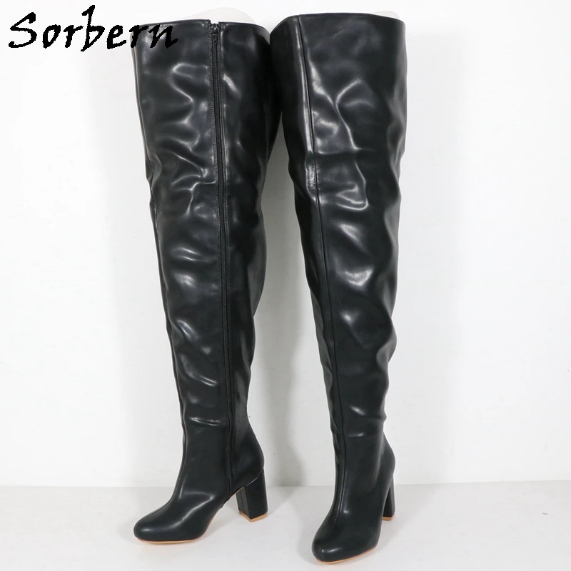 Sorbern Custom Extra Wide Boots Women 8Cm Block Mid Heels Round Toe Chunky Heeled Unisex Mid Thigh Boot Zipper Up