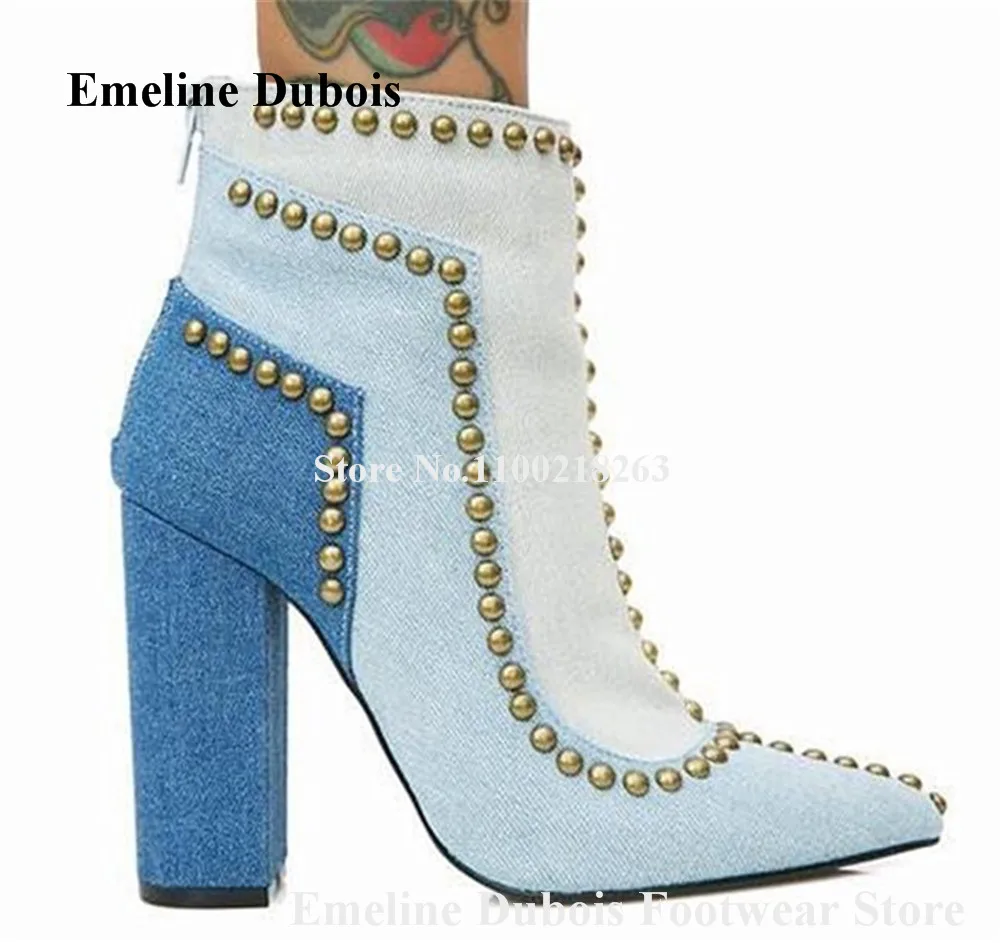 

Western Style Denim Rivets Thick Heel Short Boots Emeline Dubois Pointed Toe Gold Studs Blue Black Chunky Heel Ankle Booties