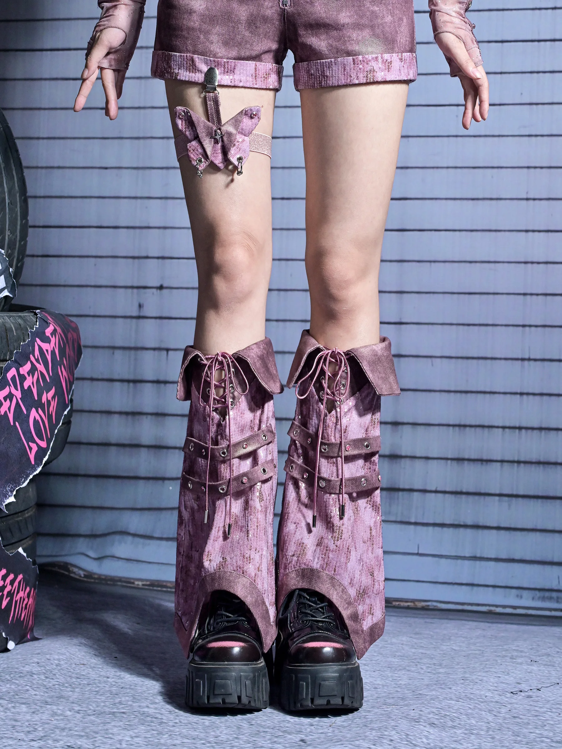 Original Design Y2k Hot Girls Sequins Shiny Denim Patchwork Revits Bandage Punk Leg Warmer Purple Subculture Kawaii Leg Cover