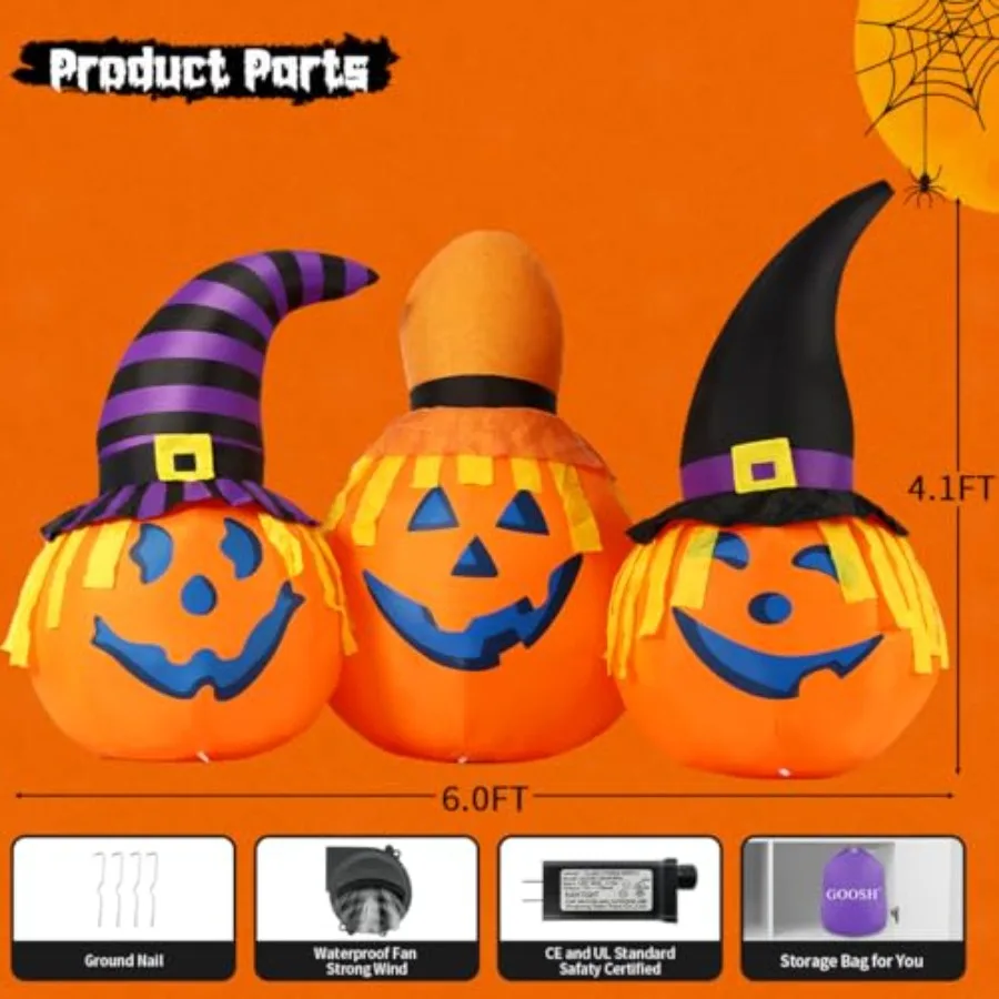 Outdoor Halloween Inflatable Pumpkin Combo With Wizard Hat, PVC Material, Orange And Black, Weatherproof With Built-in LED Ligh