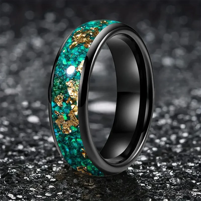 Green Opal and Gold Foil Inlaid Tungsten Carbide Ring for Men's and Women's Fashionable Wedding Rings, Comfortable Fit