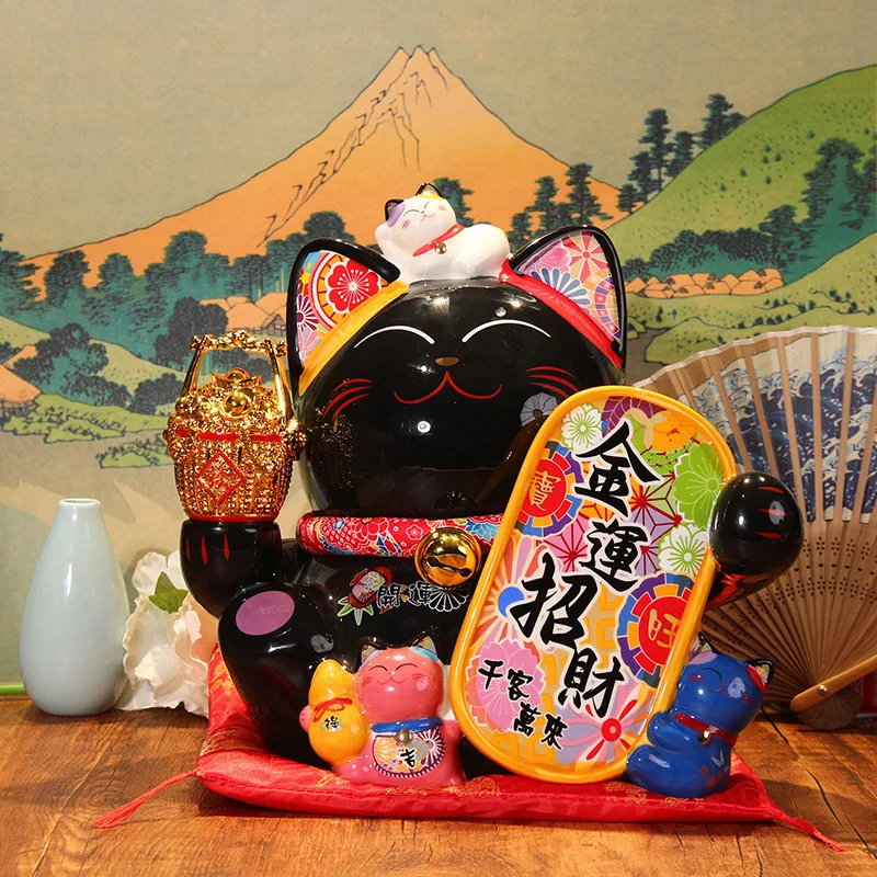 Black Lucky Cat Japanese Decorative Ceramic Lucky Cat Desktop Decoration