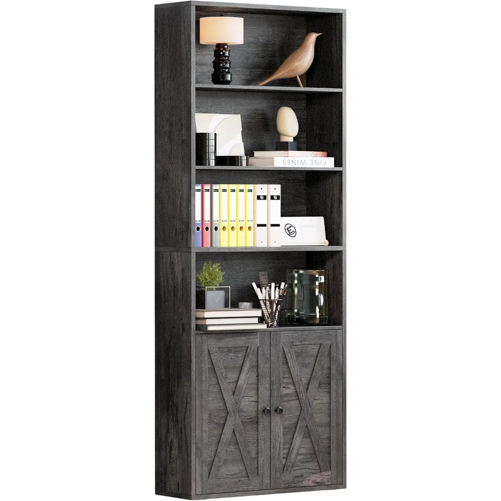 

Industrial Bookshelves and Bookcases with Doors Floor Standing 6 Shelf Display Storage Shelves 70 in Tall Bookcase