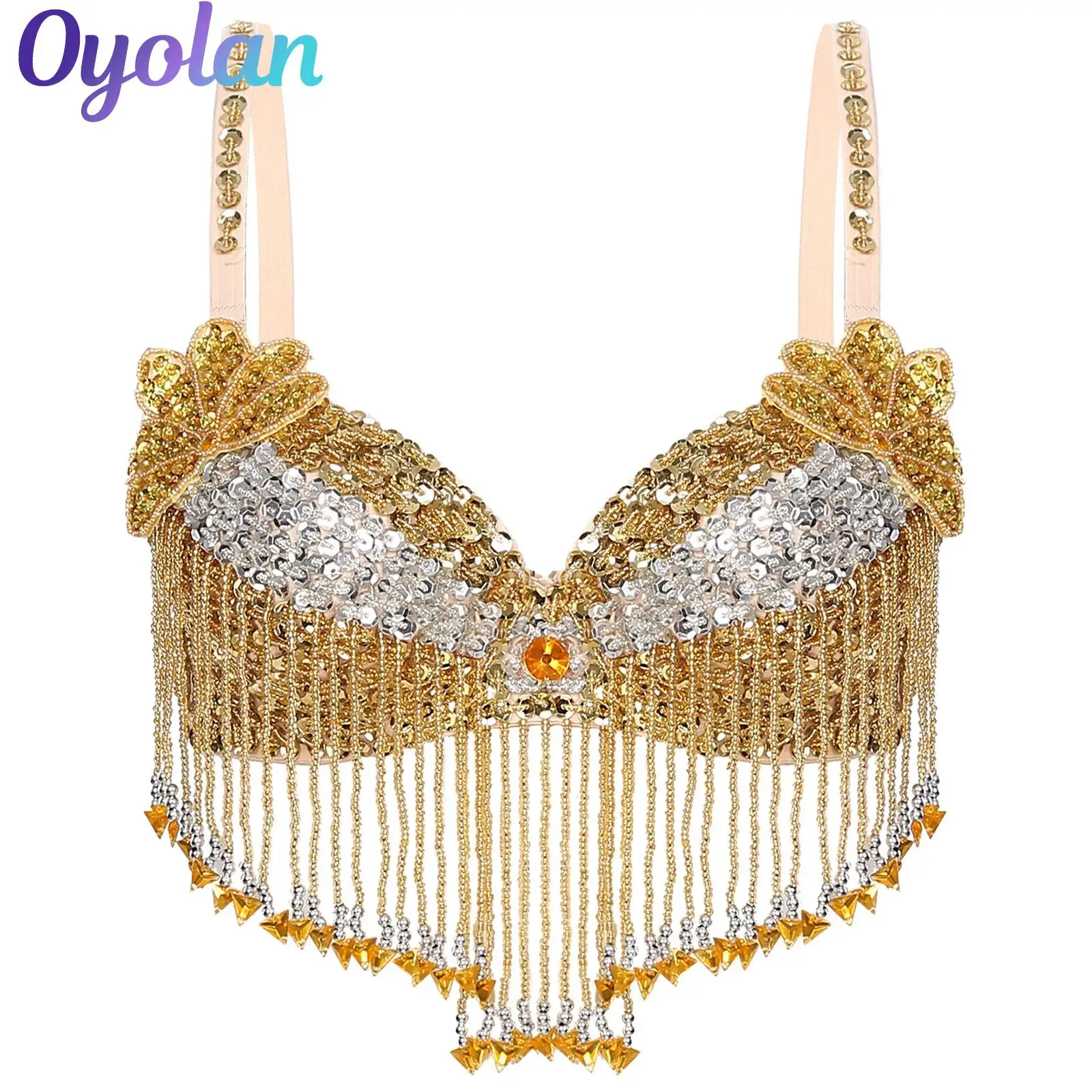 

Womens Shiny Sequins Belly Dance Bra Tops Bustier Tassel Underwired Beaded Glitter Crop Tops Boho Festival Clubwear Costume