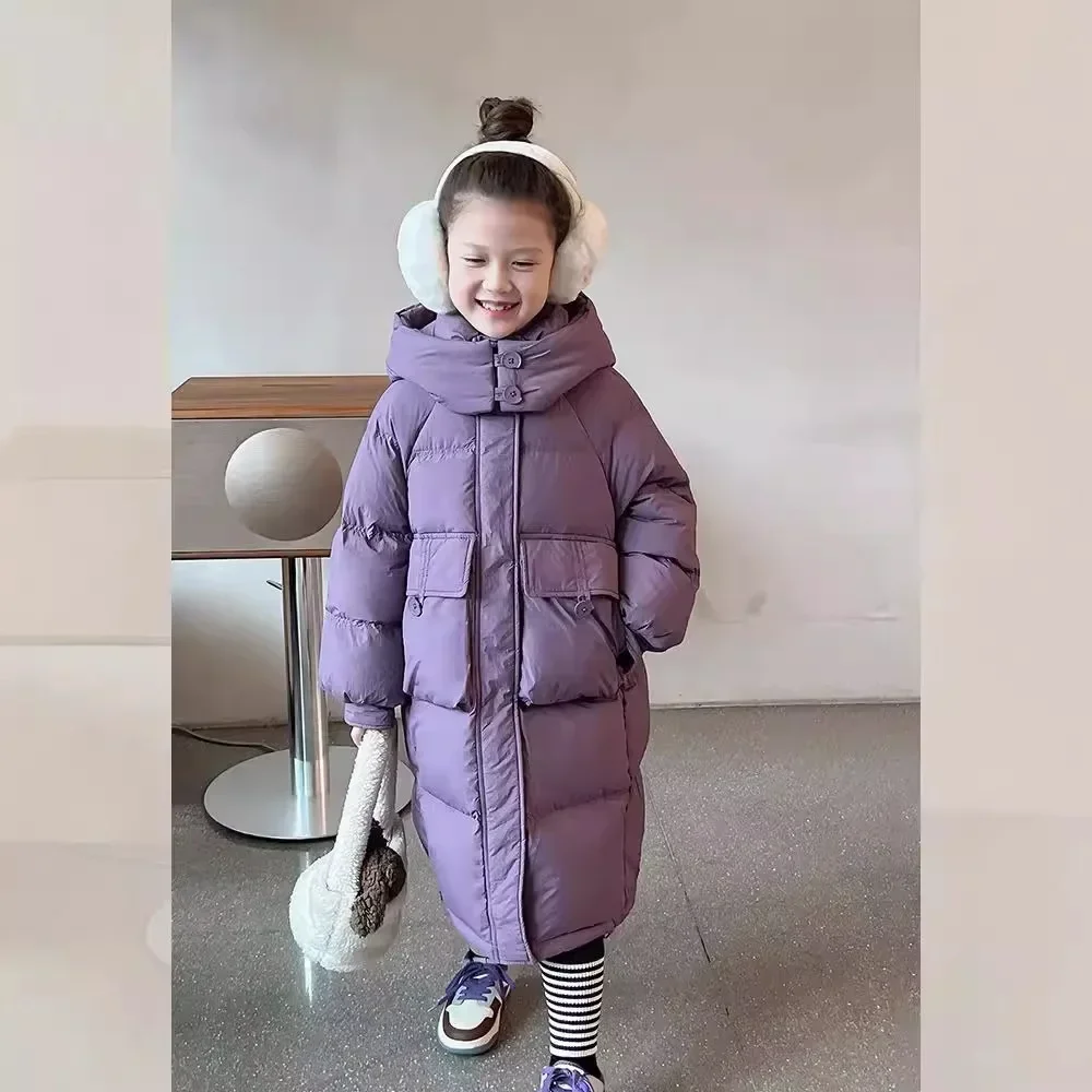 

2024 New Girls' Long Down Cotton Jacket Korean Fashion Cotton Coat Coat Middle and Large Children's Hooded Casual