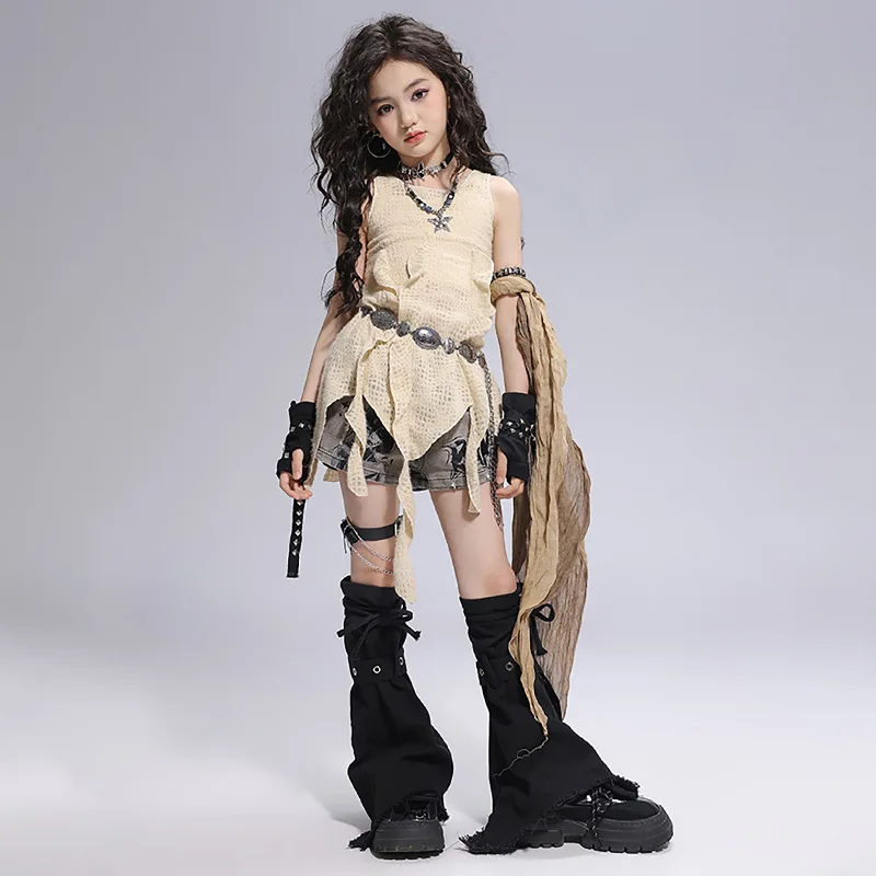 Mädchen Wasteland Street Dance Gestrickte Tank Top Jeans Jungen Hip Hop Hoodies Kleidung Sets Kinder Jazz Kostüm Kinder Punk Streetwear