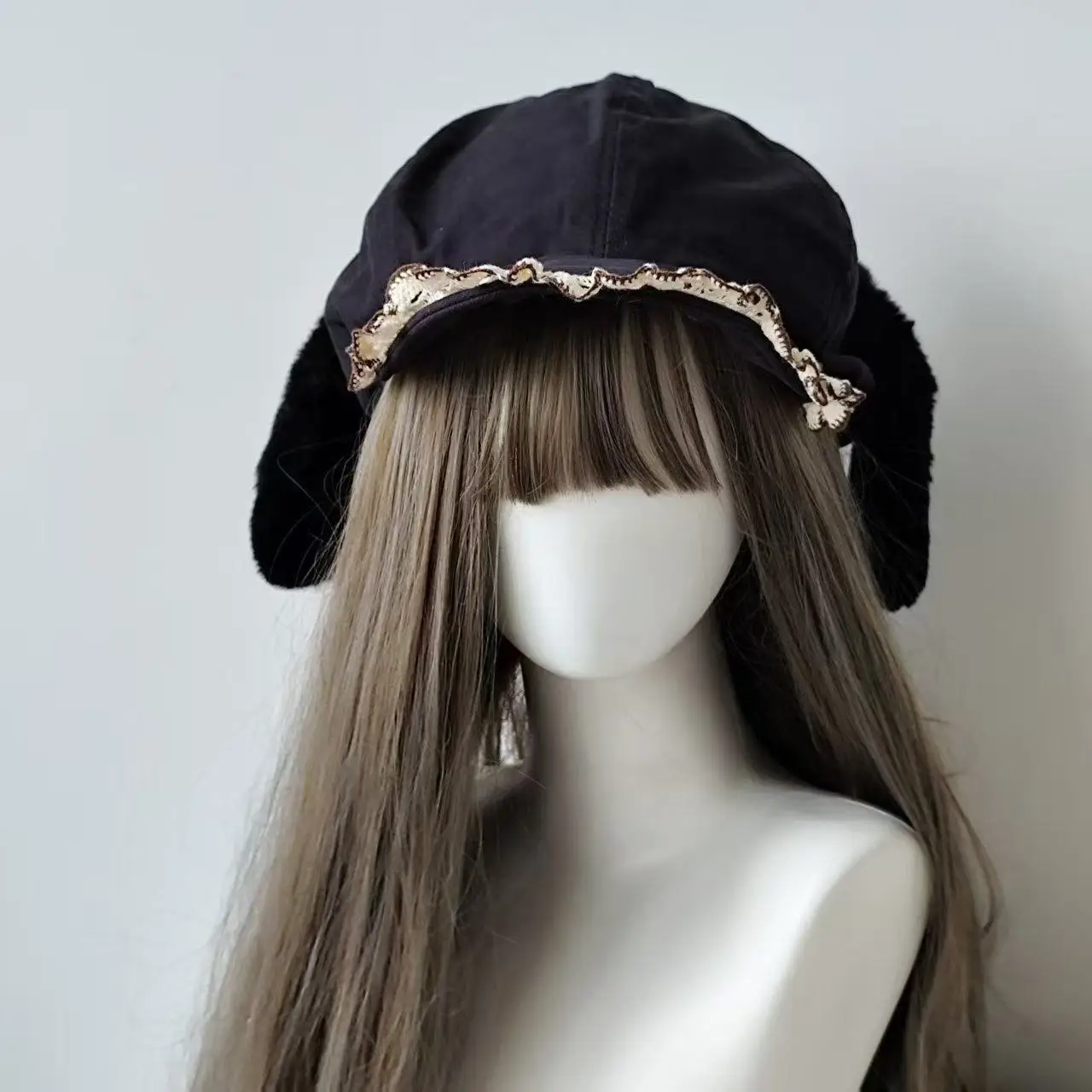 Béret gothique Lolita Harajuku Y2K pour fille, en peluche polaire, avec oreilles à pois, chapeau japonais Kawaii en dentelle, casquettes pour femmes, chapeaux de Cosplay