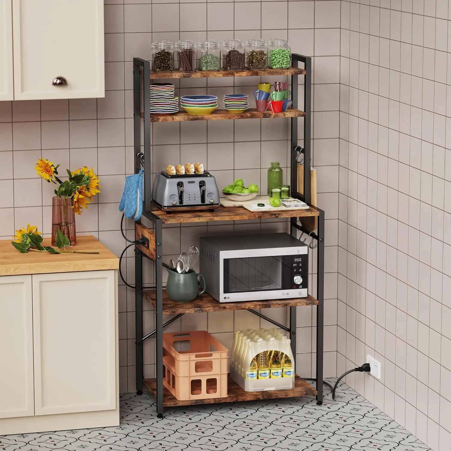 Bakers Rack with Power Outlet - Microwave Oven Stand 5 Tiers, Kitchen Storage Shelf Rack with 6 S-Shaped Hooks, Coffee Bar Cabin