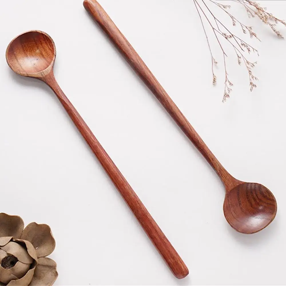 Natural Wooden Long Handle Spoon Soup Scoops Dessert Porridge Tea Coffee Wood Spoons Tableware Kitchen Supplies Household