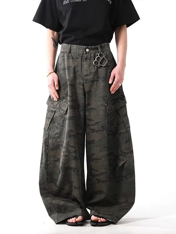 

Retro American Deconstructed Pleated Camouflage Workwear Jeans Men's Wide Leg Baggy Knife Pants Casual Wear Summer