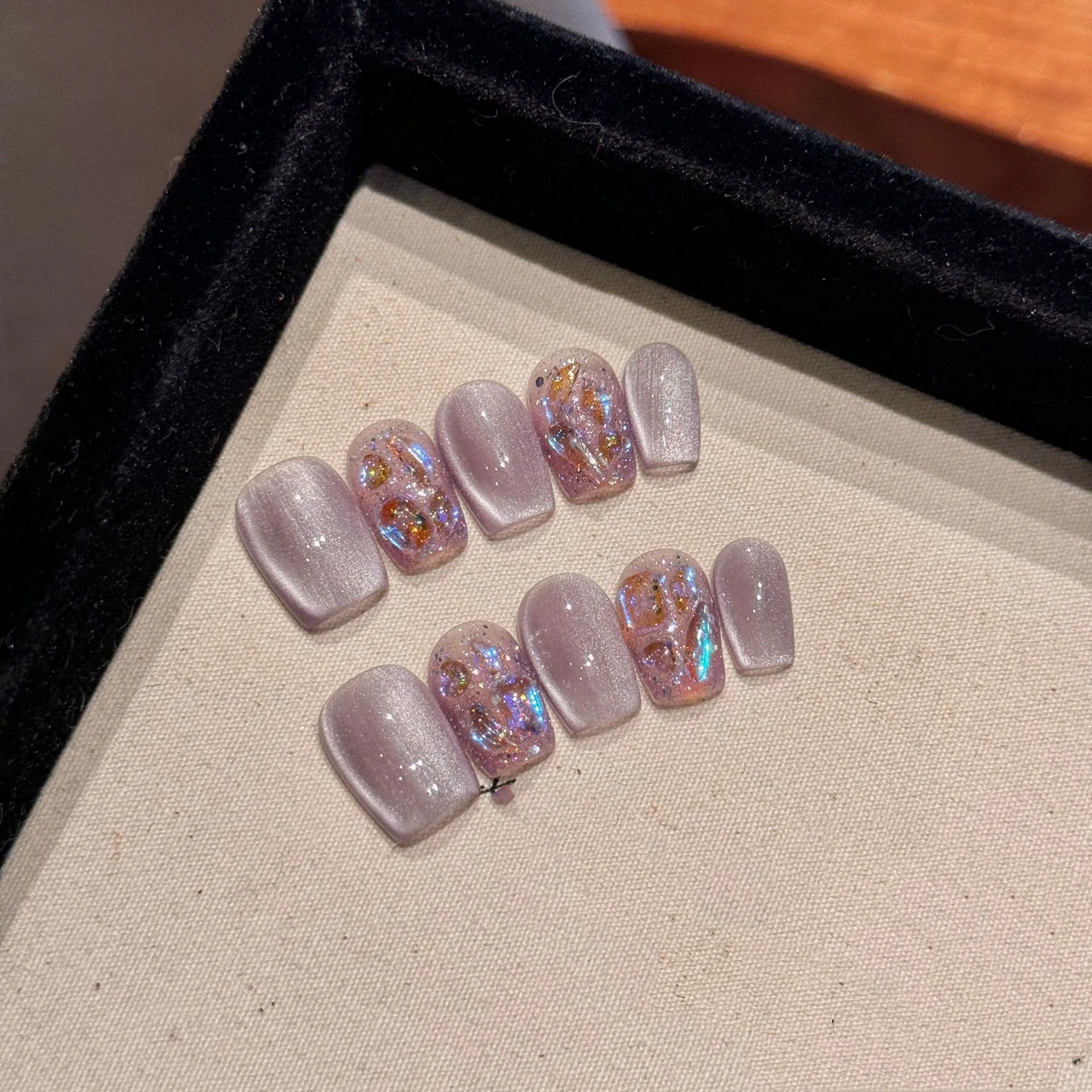 10 قطعة رئيس مربع قصير اليدوية وهمية مسمار عين القط لامعة مسحوق الأظافر كاذبة اضغط على حجر الراين قابلة لإعادة الاستخدام غطاء كامل الأظافر نصائح #5