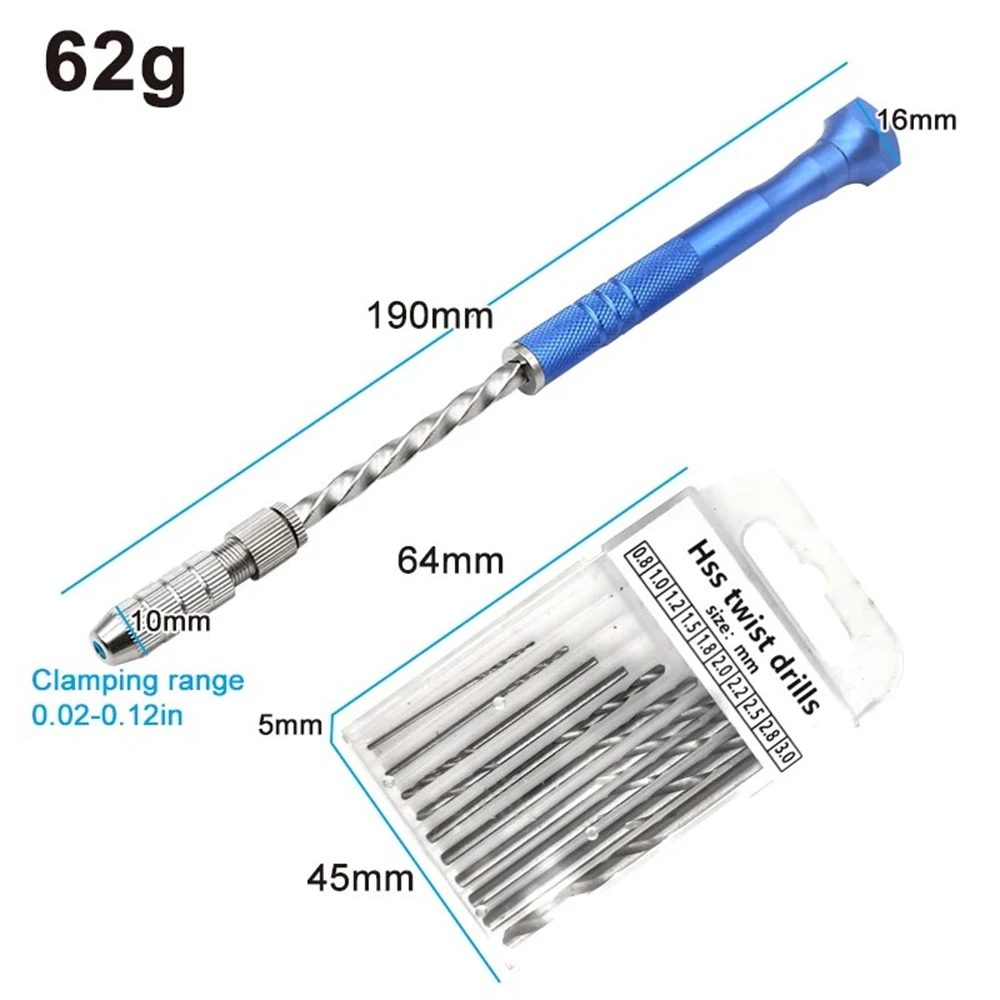 Blue Extended Semi-automatic 0.5-3mm Hand Drill with Small Twist Drill Bit, Amber Plastic Circuit Board Drilling Hole DIY Tools