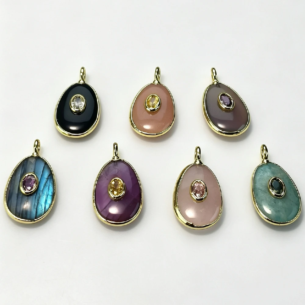 1PC Oval Natural Mineral Cabochon Pendant Multi-color Bezel Inlay Charm Women Layering Necklace Golden Plated P2D1082