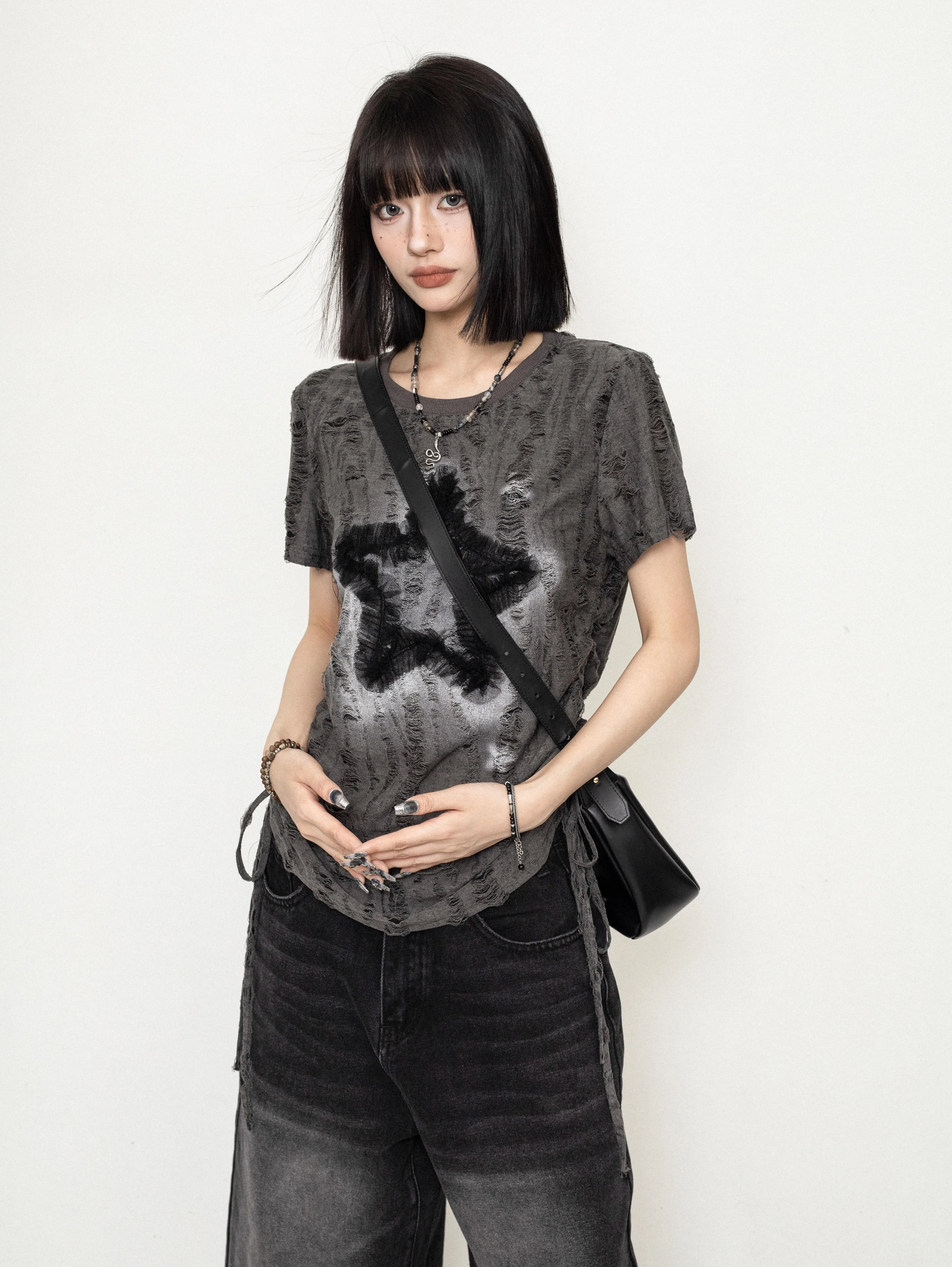 Damska koszulka z nadrukiem gwiazdy Subkultur Y2k Japońska gotycka koszulka z krótkim rękawem Grunge Pullover High School Punk Girls Tee Shirt