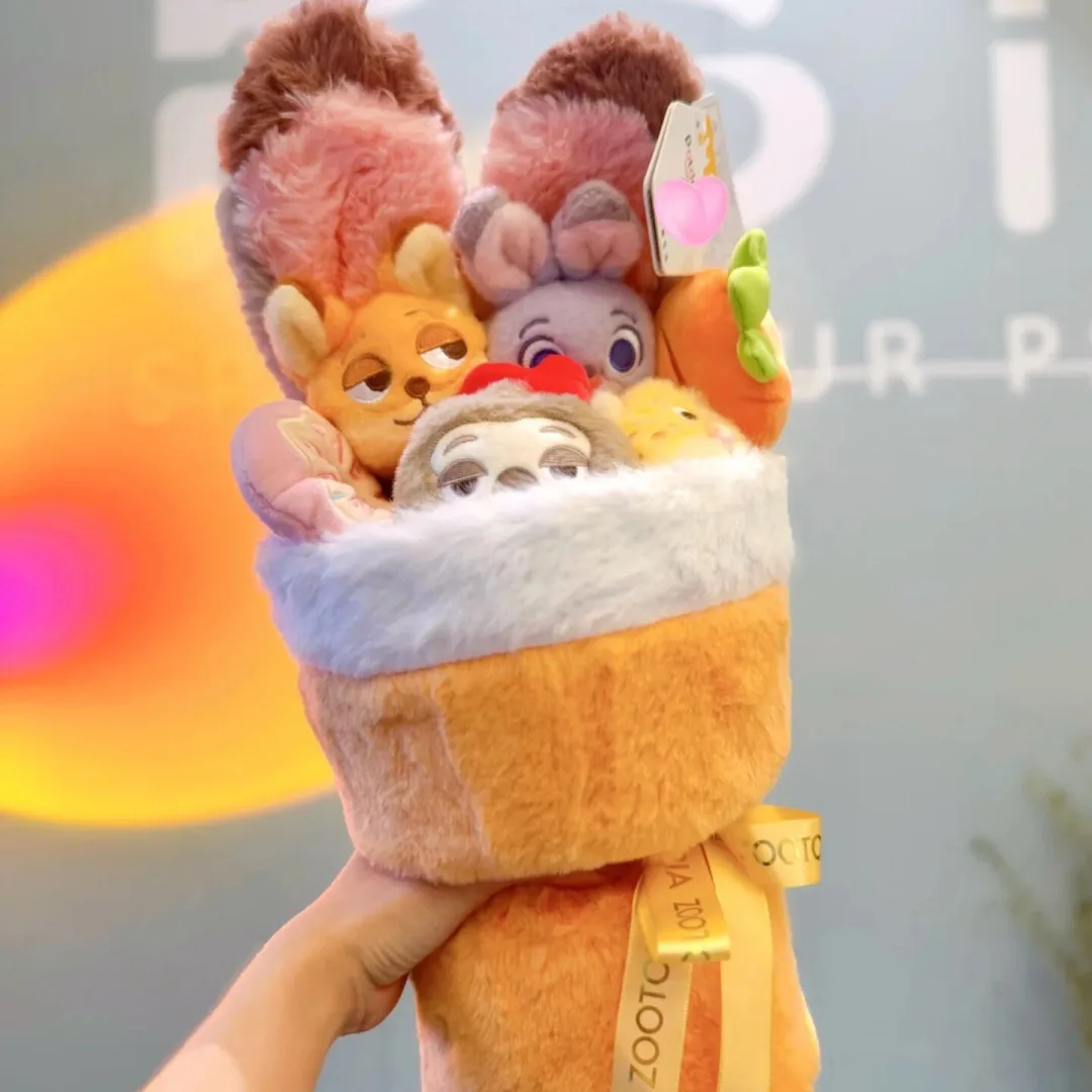 Disney zootopia nick & judy boneca de pelúcia série pequena reunião momentos anime figura com buquê de flores presente do dia dos namorados
