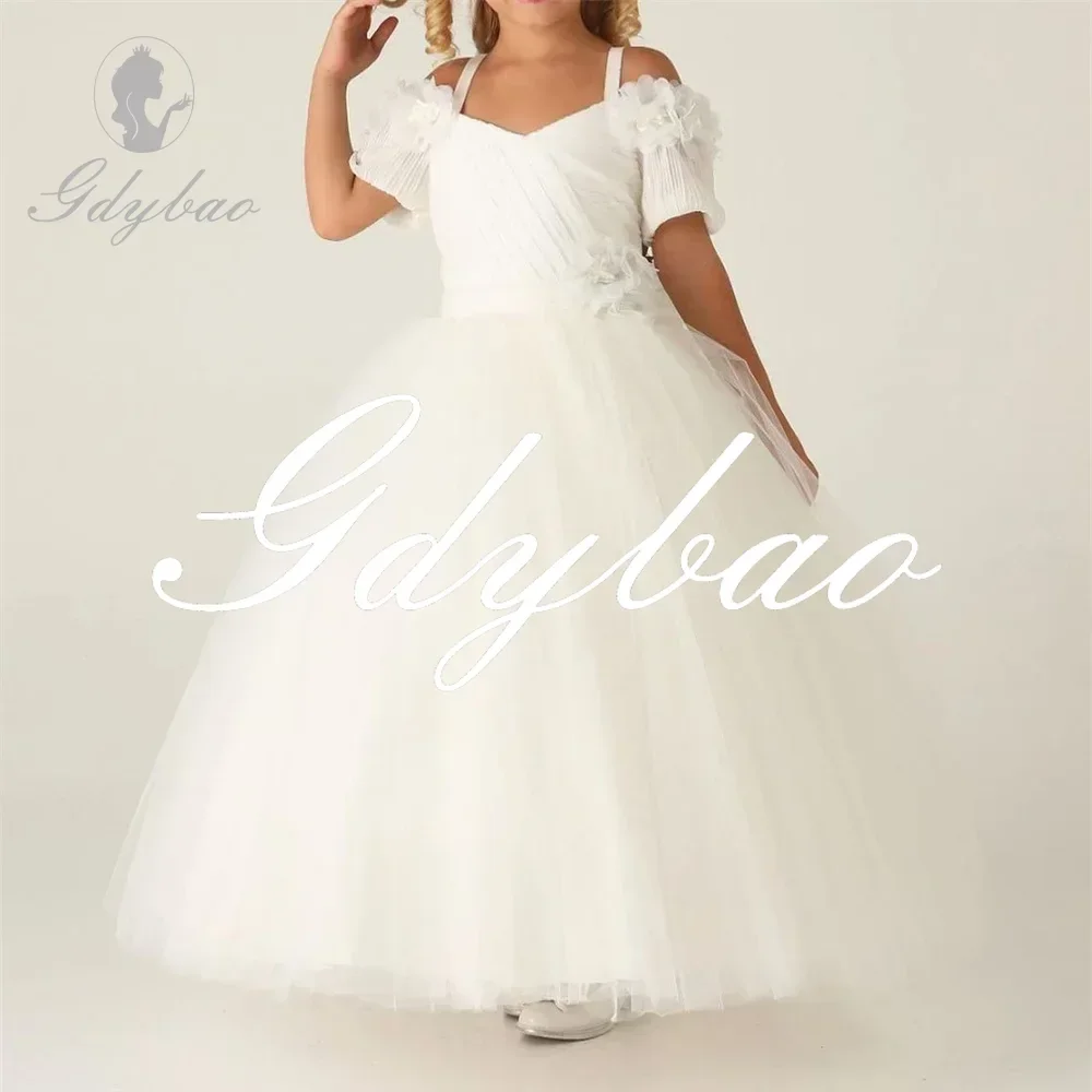 Prinzessin Blumenfalte Erstkommunionkleid Halbarm Schulterfrei A-Linie Elegantes formelles Blumenmädchenkleid für die Hochzeit