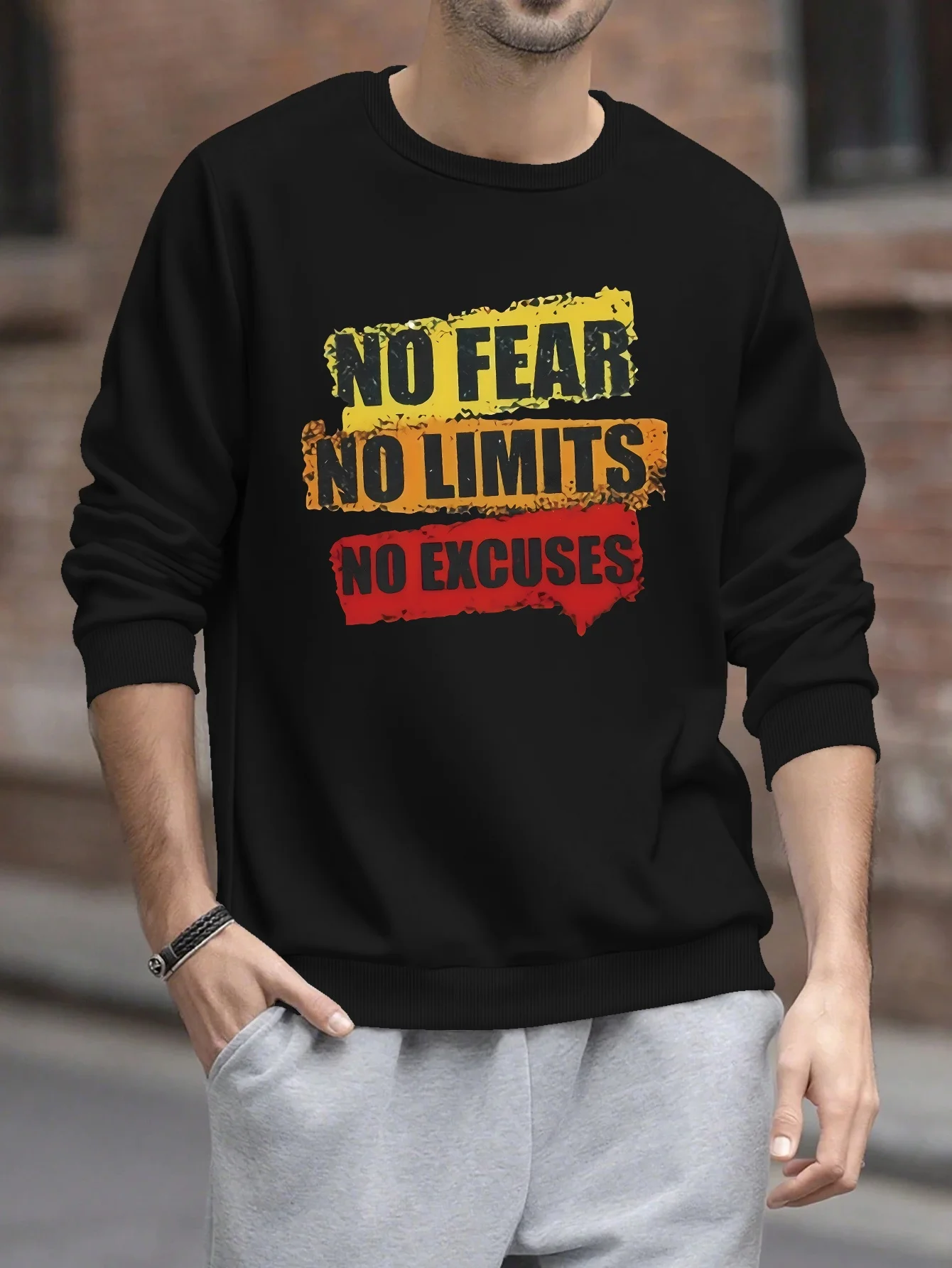 Sudadera extragrande motivacional NO FEAR para hombre, estampado de lema "No Limits No Excuses", letras negras y amarillas/verdes/amarillas