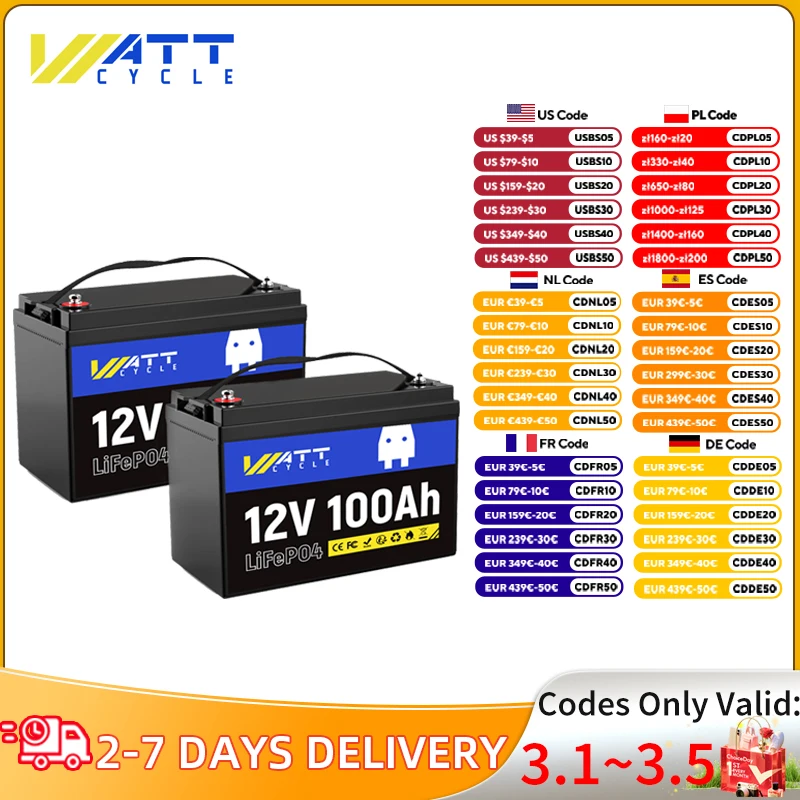 Wattcycle LiFePO4-batterij 12V 100Ah 2Packs Ingebouwd 100A BMS Ondersteunt serie en parallelle verbinding voor campers en golfkarretjes