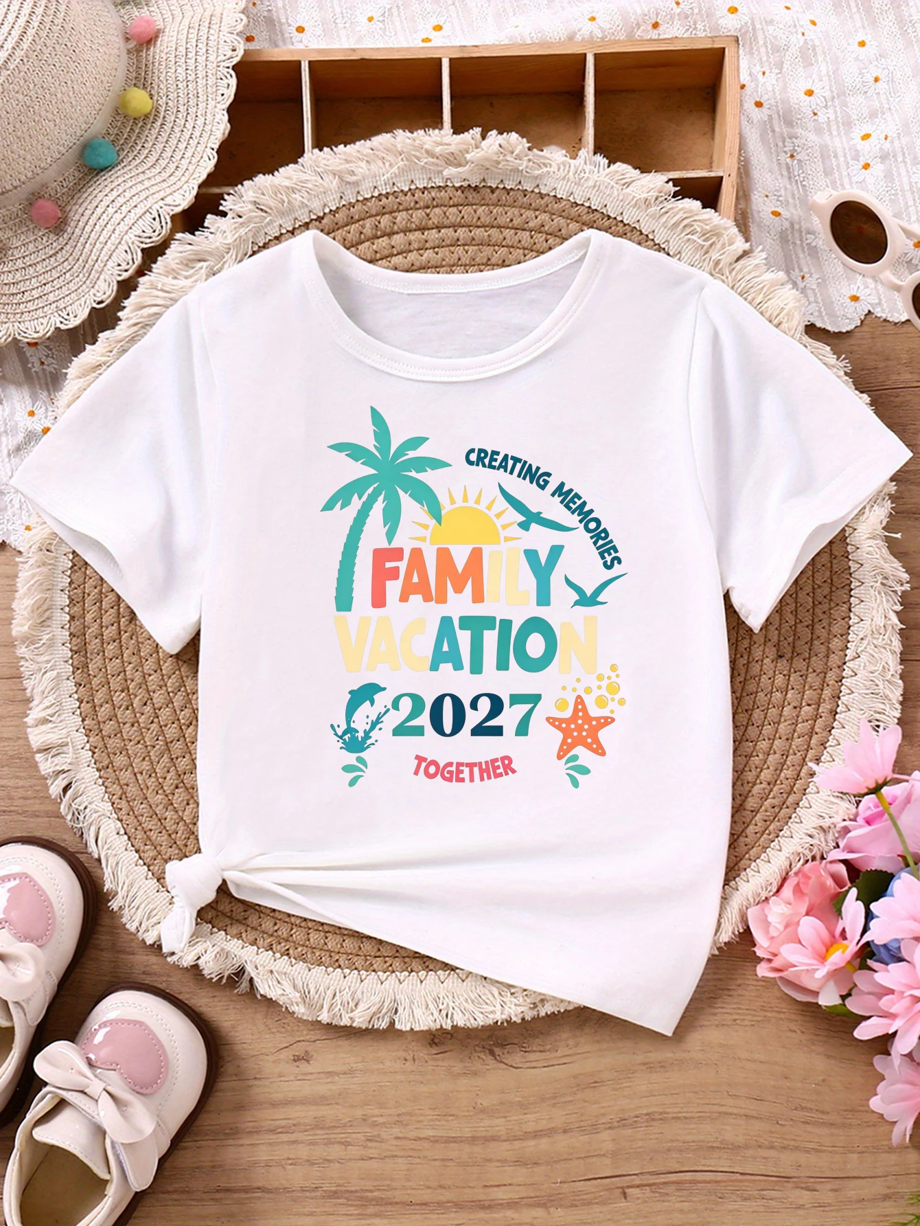 Family Vacation 2027 Creating Memories Together Printed T Shirt Girls/Boys Beach Vacation T-Shirt Funny Kids Clothes